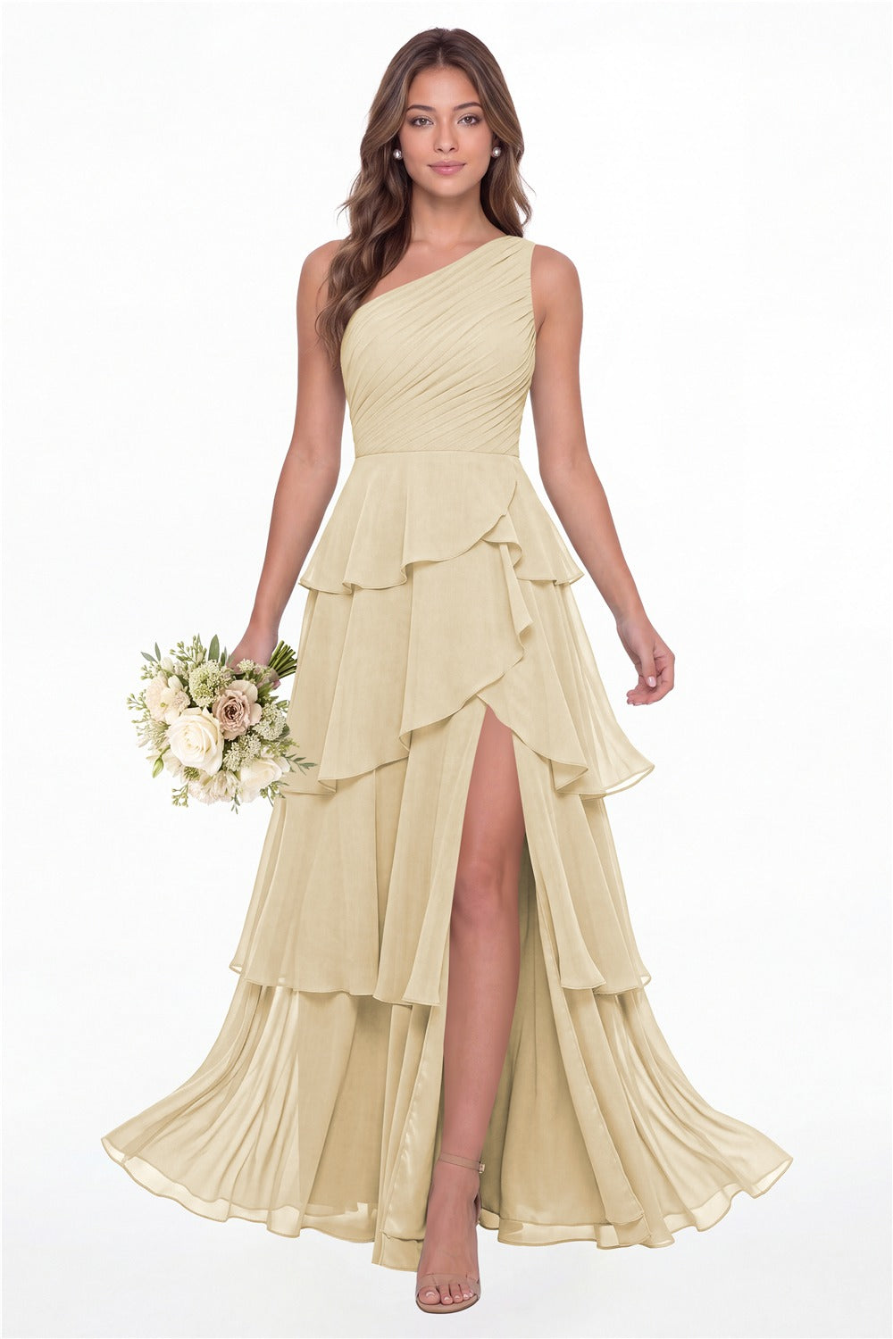 INEWER One Shoulder Ruched Tiered Ruffle Chiffon Slit Maxi Gown - CHAMPAGNE Front View