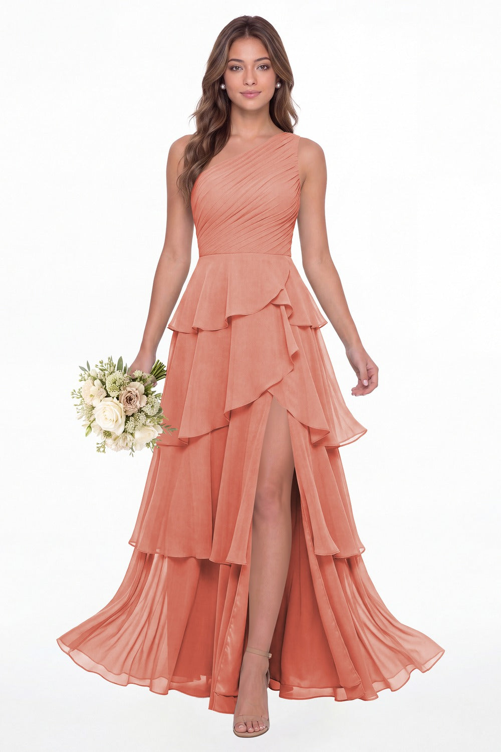 Coral One Shoulder Ruched Tiered Ruffle Chiffon Slit Maxi Gown - Front View
