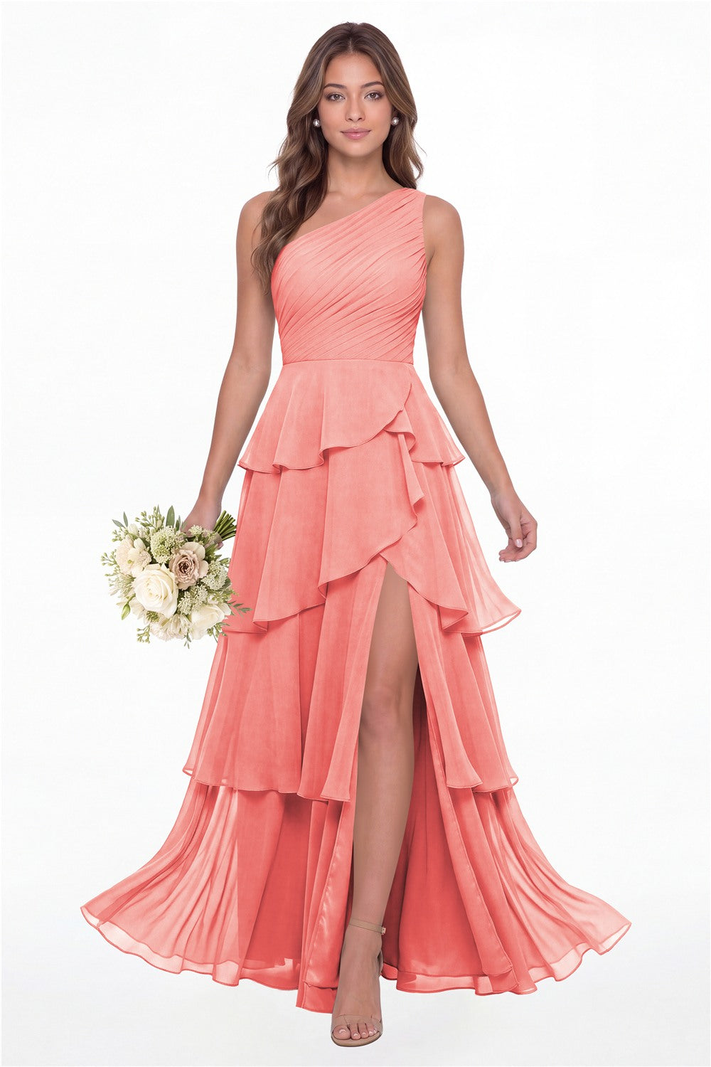 INEWER One Shoulder Ruched Tiered Ruffle Chiffon Slit Maxi Gown - CORAL Front View