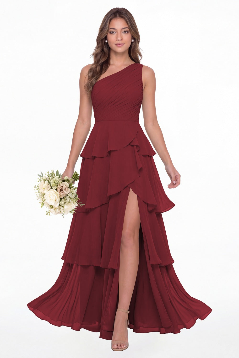 Desert Rose One Shoulder Ruched Tiered Ruffle Chiffon Slit Maxi Gown - Front View