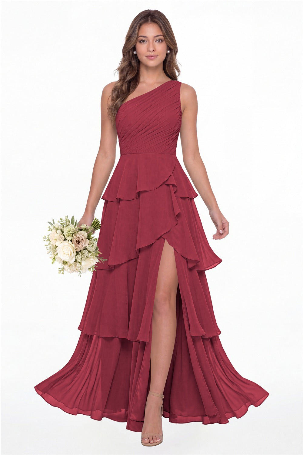 INEWER One Shoulder Ruched Tiered Ruffle Chiffon Slit Maxi Gown - DESERT ROSE Front View