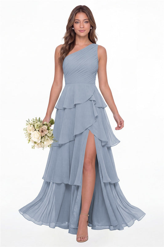 INEWER One Shoulder Ruched Tiered Ruffle Chiffon Slit Maxi Gown - DUSTY BLUE Front View
