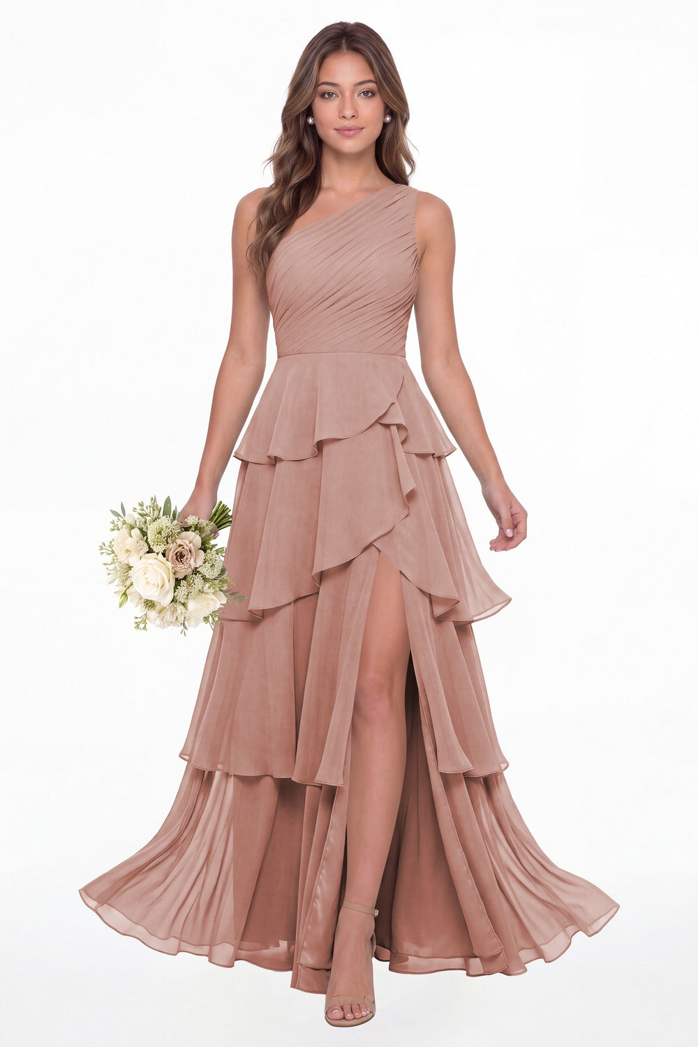 Dusty Rose One Shoulder Ruched Tiered Ruffle Chiffon Slit Maxi Gown - Front View