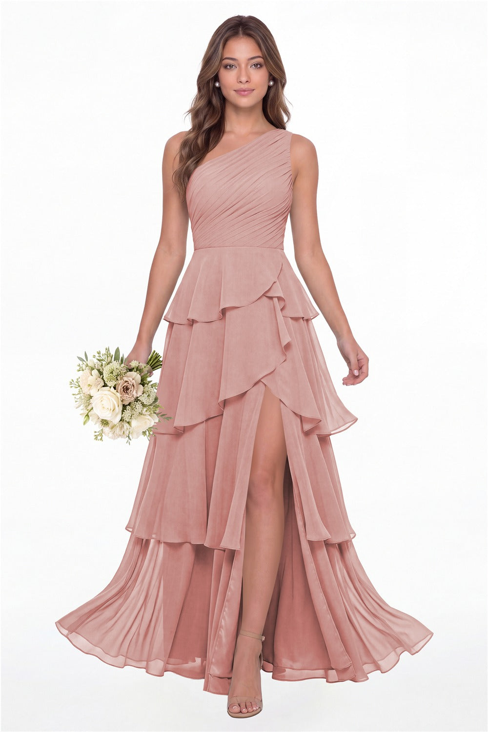 INEWER One Shoulder Ruched Tiered Ruffle Chiffon Slit Maxi Gown - DUSTY ROSE Front View