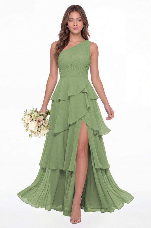 Dusty Sage One Shoulder Ruched Tiered Ruffle Chiffon Slit Maxi Gown - Front View