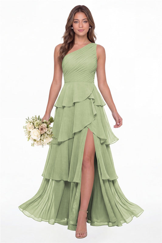 INEWER One Shoulder Ruched Tiered Ruffle Chiffon Slit Maxi Gown - DUSTY SAGE Front View