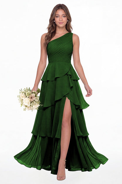 Emerald Green One Shoulder Ruched Tiered Ruffle Chiffon Slit Maxi Gown - Front View