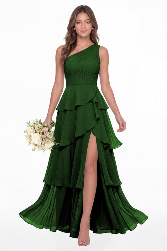 Emerald Green One Shoulder Ruched Tiered Ruffle Chiffon Slit Maxi Gown - Front View
