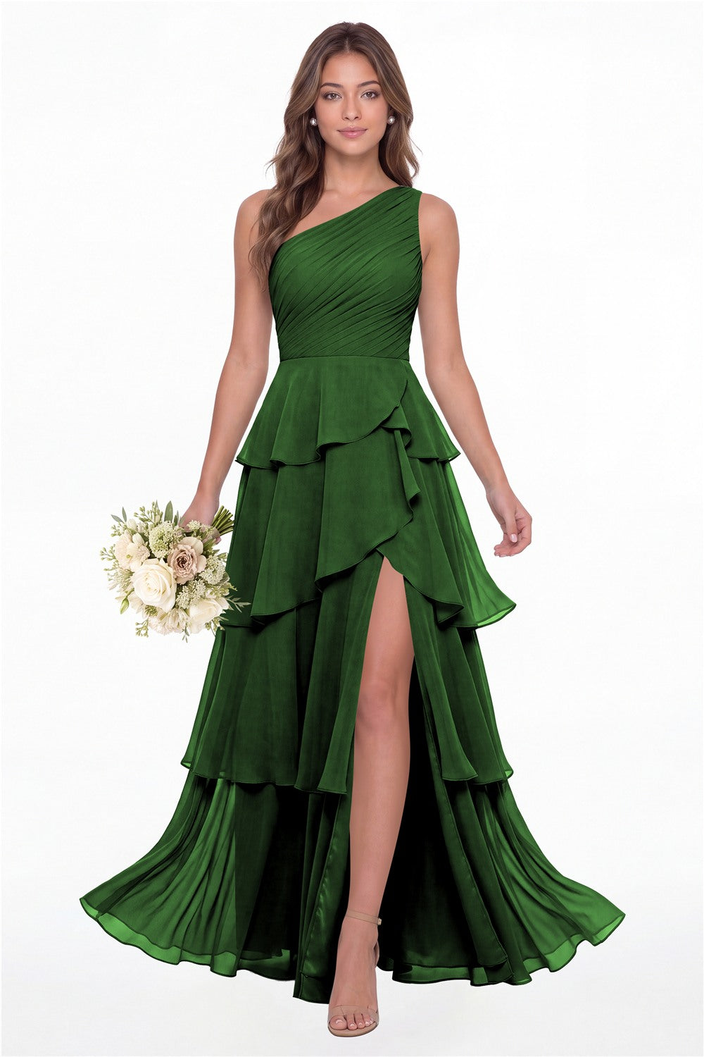 INEWER One Shoulder Ruched Tiered Ruffle Chiffon Slit Maxi Gown - EMERALD GREEN Front View