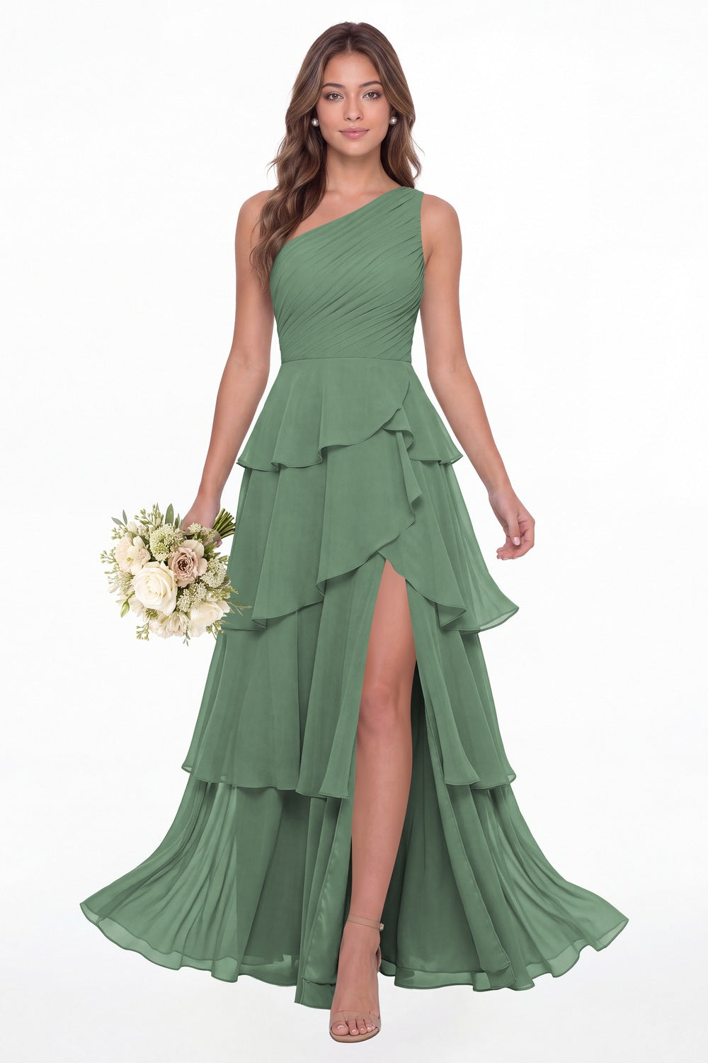 Eucalyptus One Shoulder Ruched Tiered Ruffle Chiffon Slit Maxi Gown - Front View