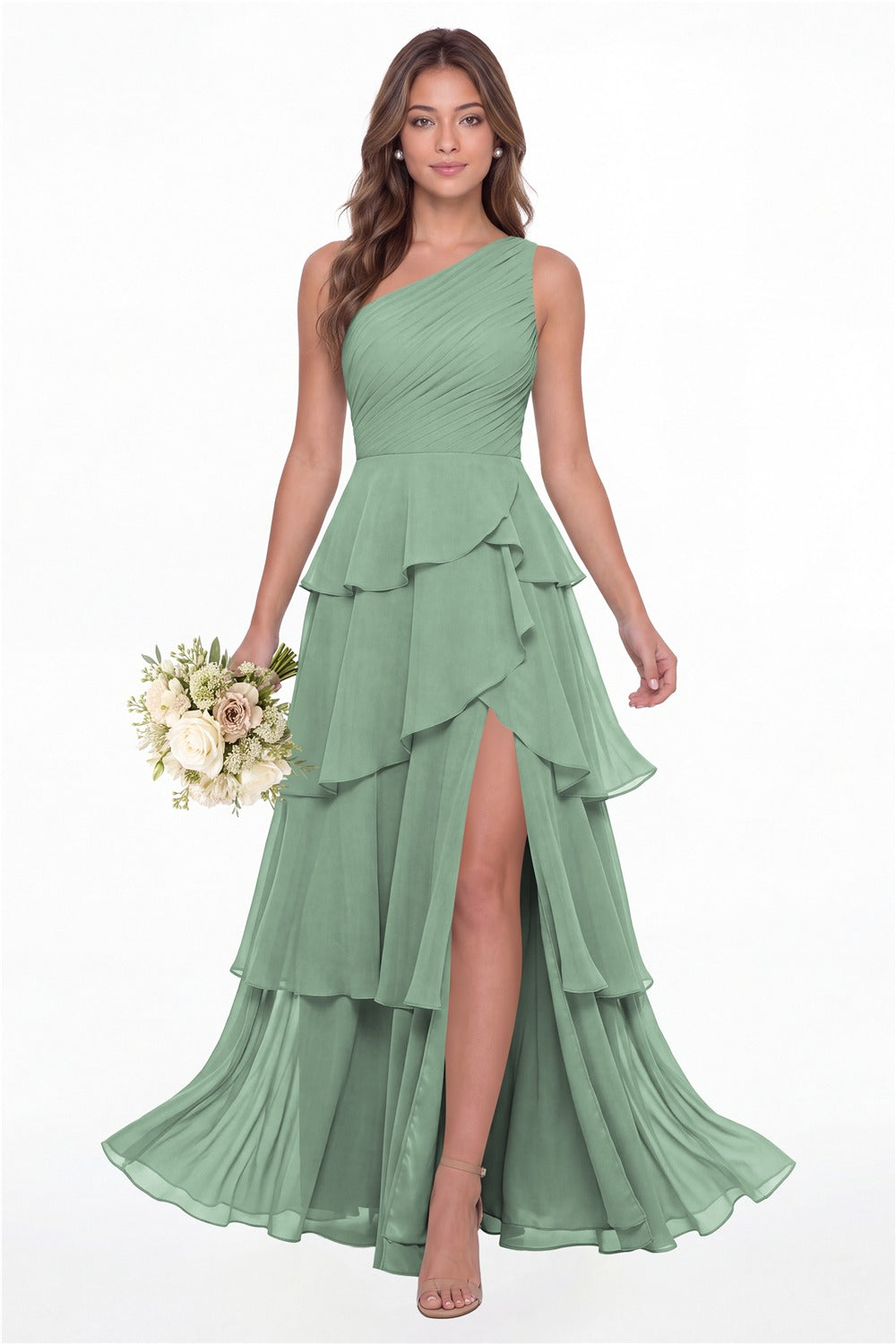INEWER One Shoulder Ruched Tiered Ruffle Chiffon Slit Maxi Gown - EUCALYPTUS Front View