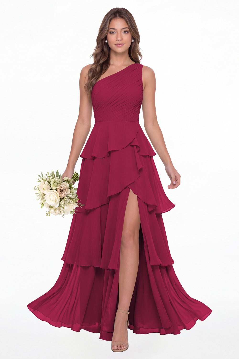 Fuchsia One Shoulder Ruched Tiered Ruffle Chiffon Slit Maxi Gown - Front View
