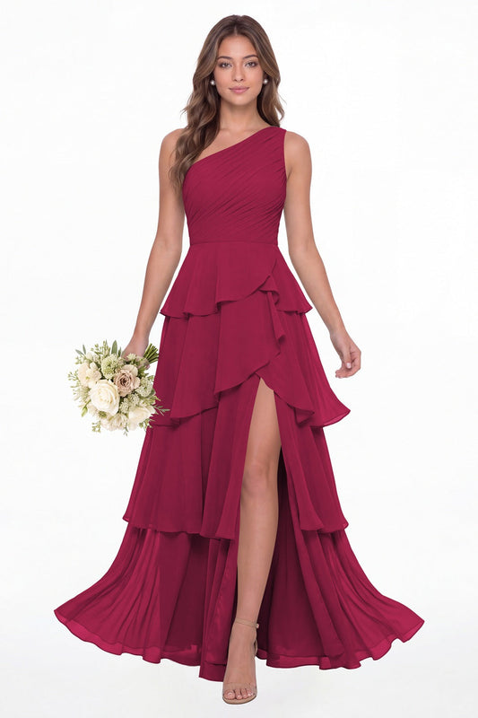 Fuchsia One Shoulder Ruched Tiered Ruffle Chiffon Slit Maxi Gown - Front View