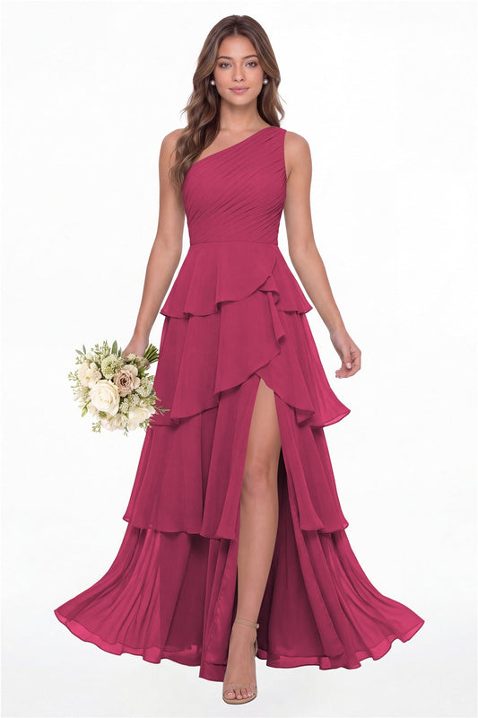 INEWER One Shoulder Ruched Tiered Ruffle Chiffon Slit Maxi Gown - FUCHSIA Front View