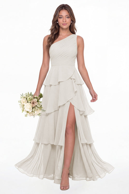 Ivory One Shoulder Ruched Tiered Ruffle Chiffon Slit Maxi Gown - Front View