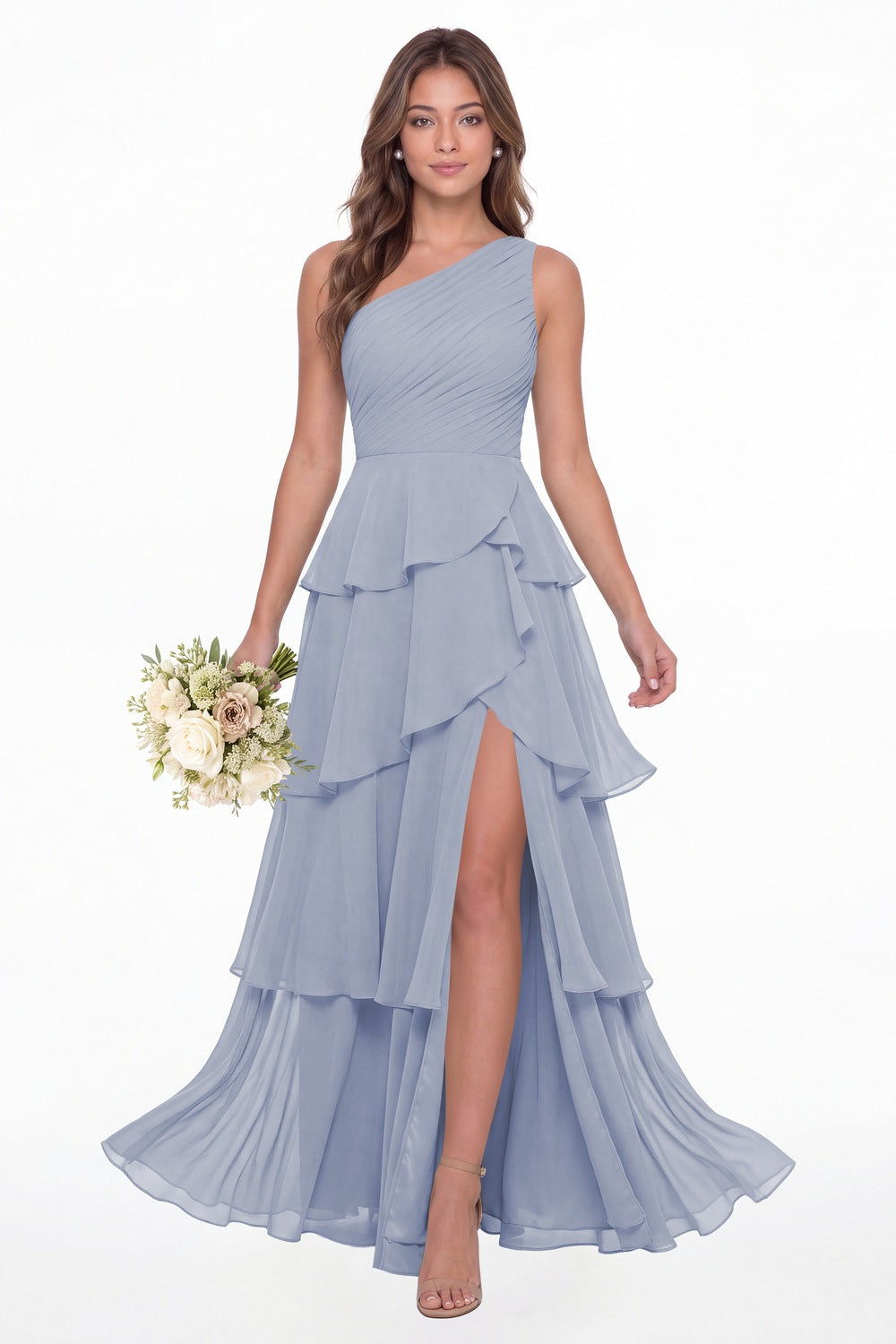 Lavender One Shoulder Ruched Tiered Ruffle Chiffon Slit Maxi Gown - Front View