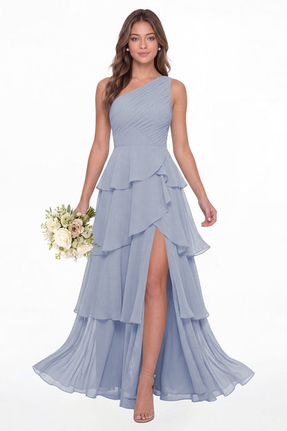 Lavender One Shoulder Ruched Tiered Ruffle Chiffon Slit Maxi Gown - Front View