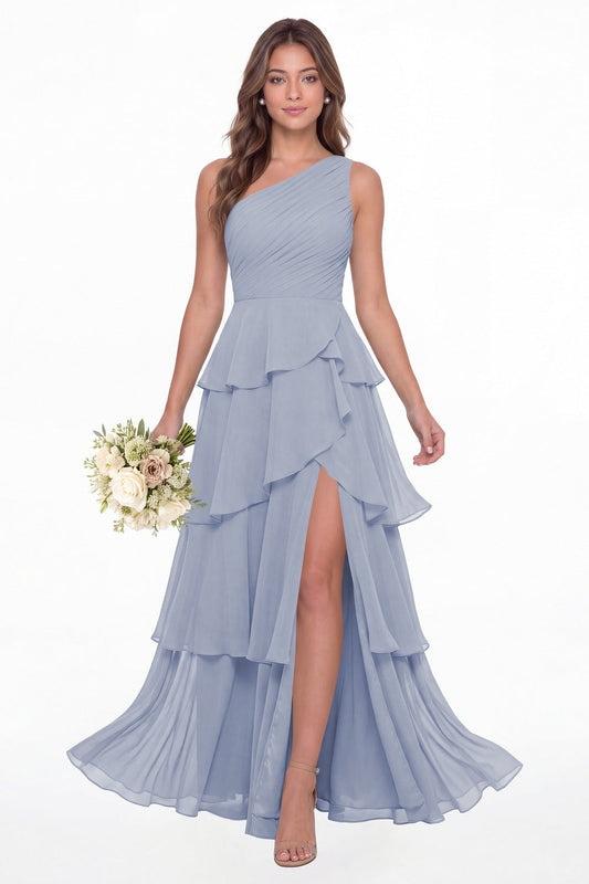 Lavender One Shoulder Ruched Tiered Ruffle Chiffon Slit Maxi Gown - Front View