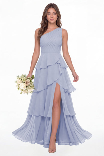 INEWER One Shoulder Ruched Tiered Ruffle Chiffon Slit Maxi Gown - LAVENDER Front View