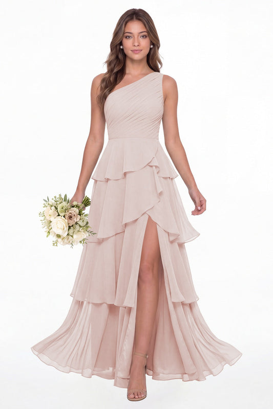 Light Pink One Shoulder Ruched Tiered Ruffle Chiffon Slit Maxi Gown - Front View