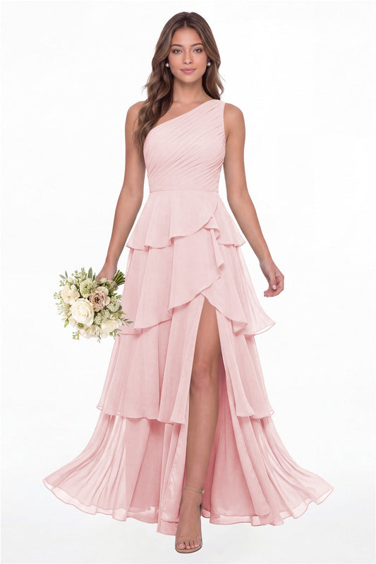 INEWER One Shoulder Ruched Tiered Ruffle Chiffon Slit Maxi Gown - LIGHT PINK Front View