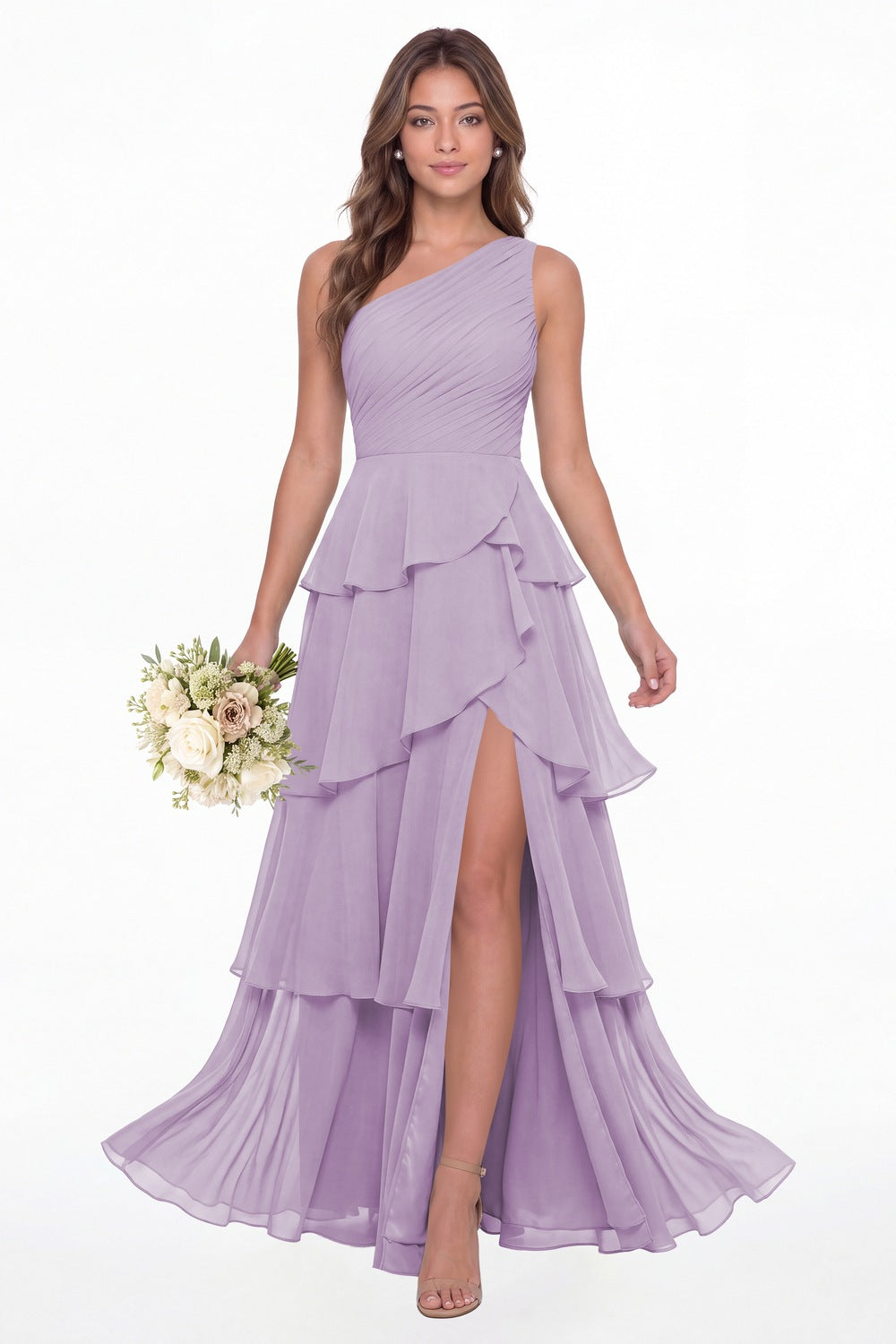 Lilac One Shoulder Ruched Tiered Ruffle Chiffon Slit Maxi Gown - Front View