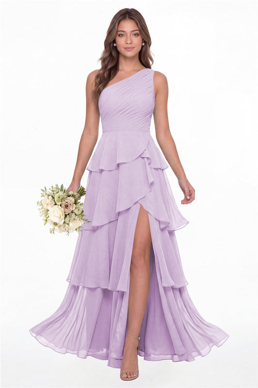 INEWER One Shoulder Ruched Tiered Ruffle Chiffon Slit Maxi Gown - LILAC Front View