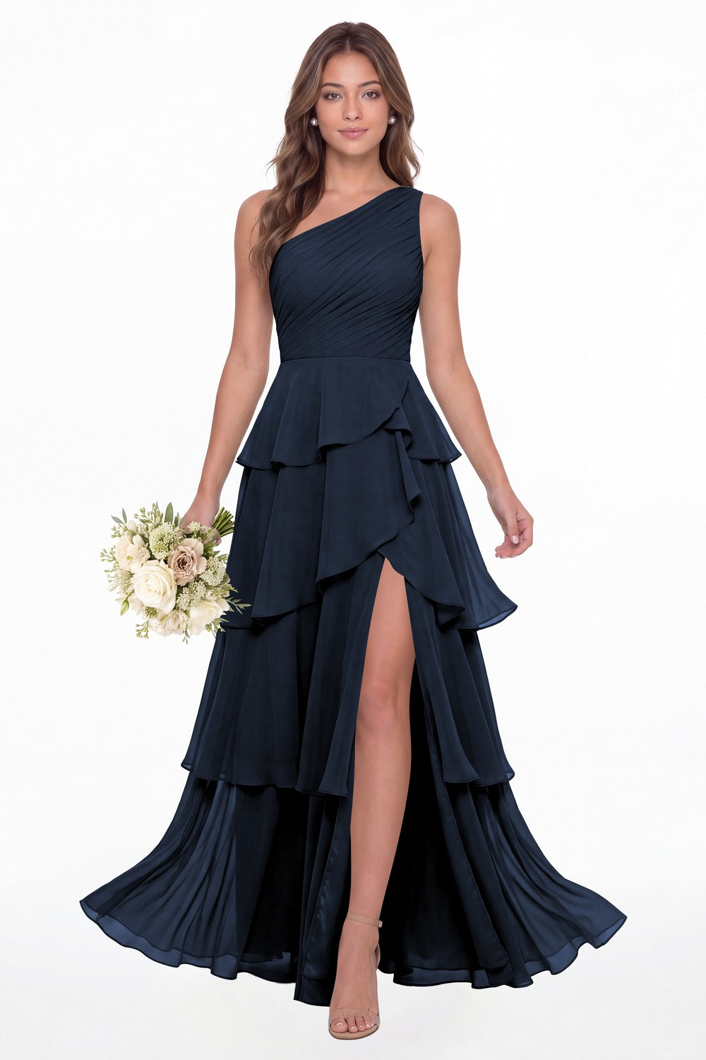 Navy Blue One Shoulder Ruched Tiered Ruffle Chiffon Slit Maxi Gown - Front View