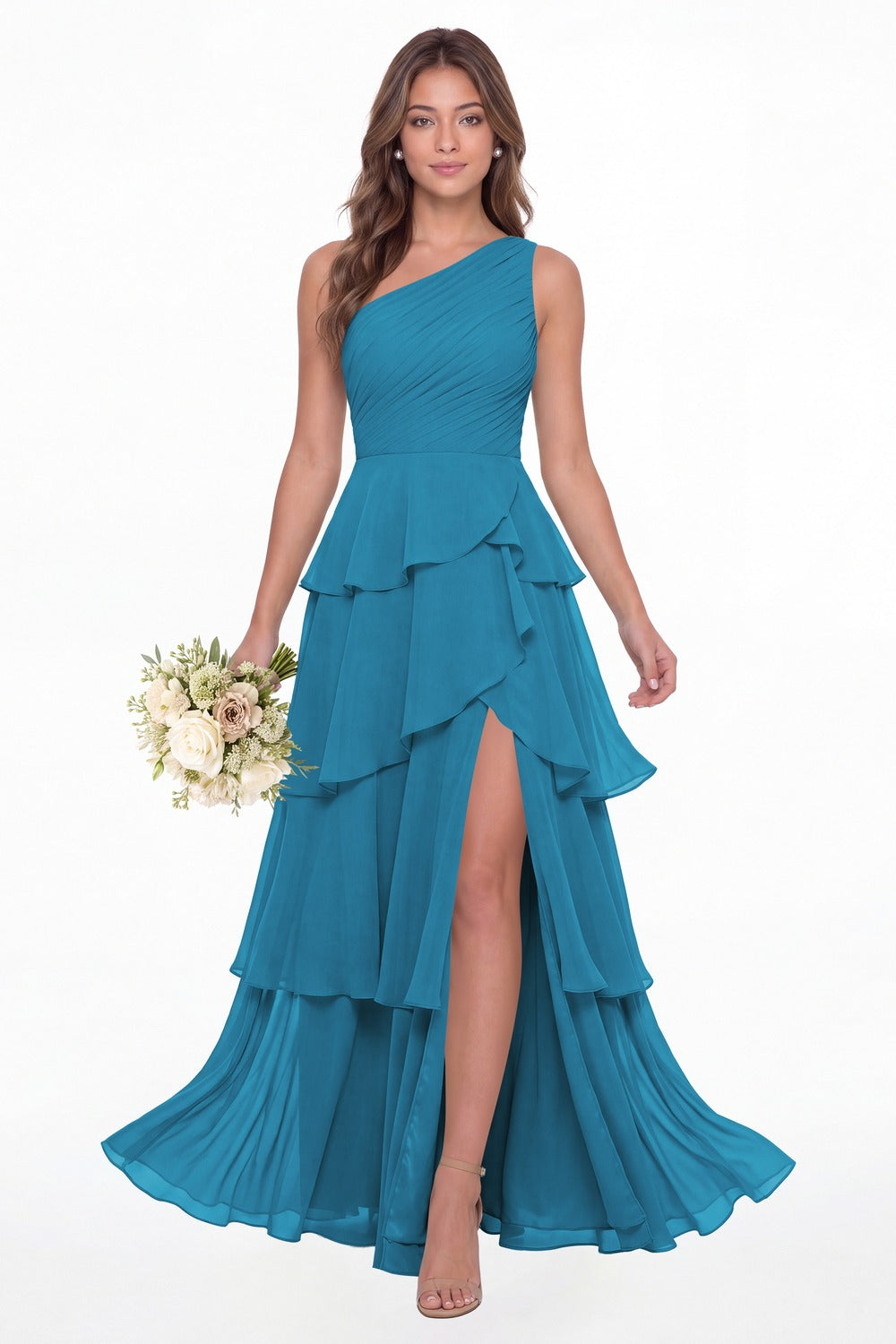 Ocean Blue One Shoulder Ruched Tiered Ruffle Chiffon Slit Maxi Gown - Front View
