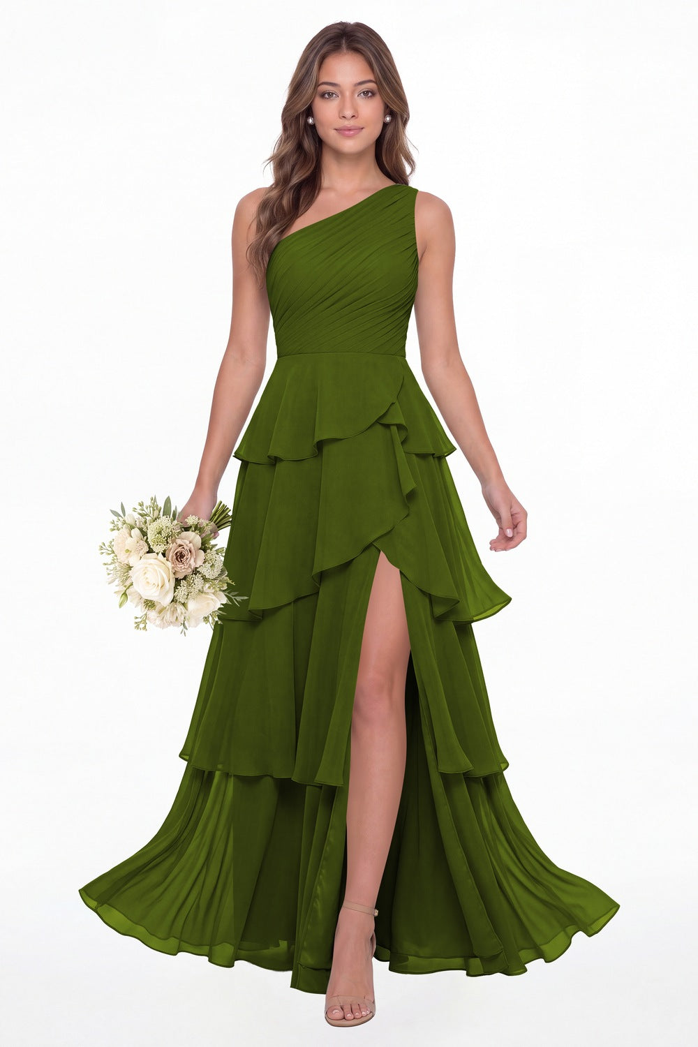 Olive Green One Shoulder Ruched Tiered Ruffle Chiffon Slit Maxi Gown - Front View