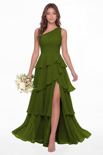 Olive Green One Shoulder Ruched Tiered Ruffle Chiffon Slit Maxi Gown - Front View