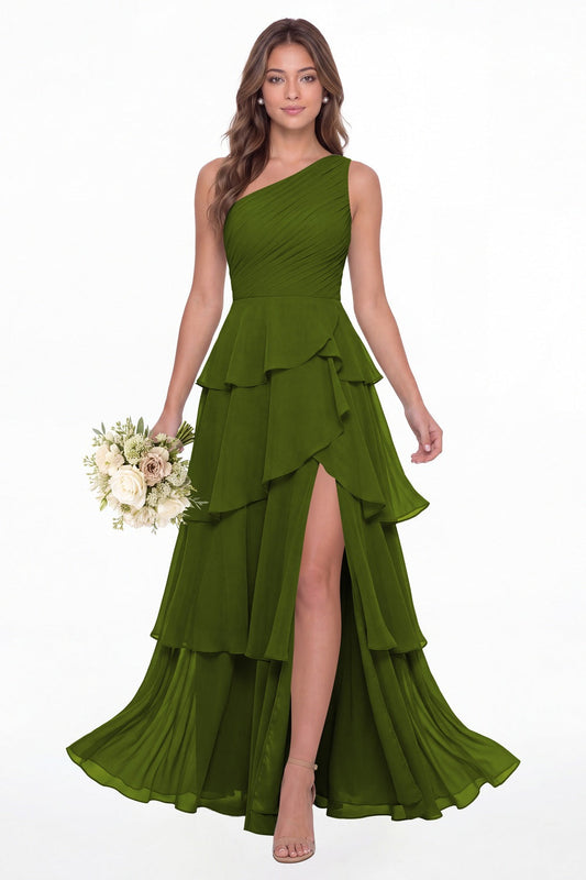Olive Green One Shoulder Ruched Tiered Ruffle Chiffon Slit Maxi Gown - Front View