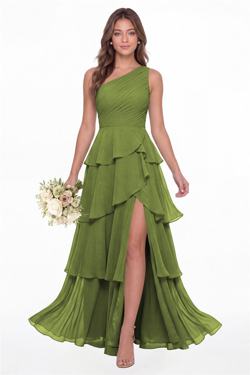 INEWER One Shoulder Ruched Tiered Ruffle Chiffon Slit Maxi Gown - OLIVE GREEN Front View