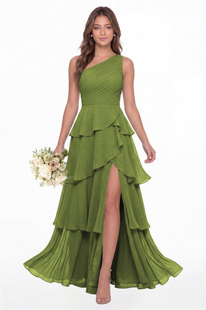 INEWER One Shoulder Ruched Tiered Ruffle Chiffon Slit Maxi Gown - OLIVE GREEN Front View
