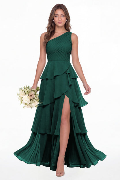 Peacock One Shoulder Ruched Tiered Ruffle Chiffon Slit Maxi Gown - Front View