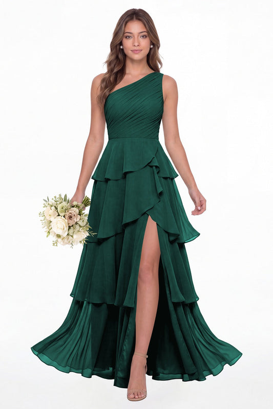 Peacock One Shoulder Ruched Tiered Ruffle Chiffon Slit Maxi Gown - Front View
