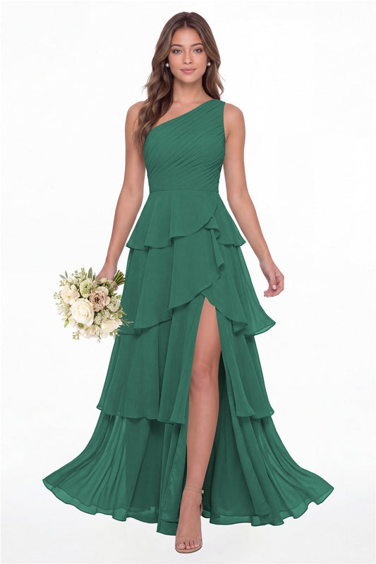 INEWER One Shoulder Ruched Tiered Ruffle Chiffon Slit Maxi Gown - PEACOCK Front View