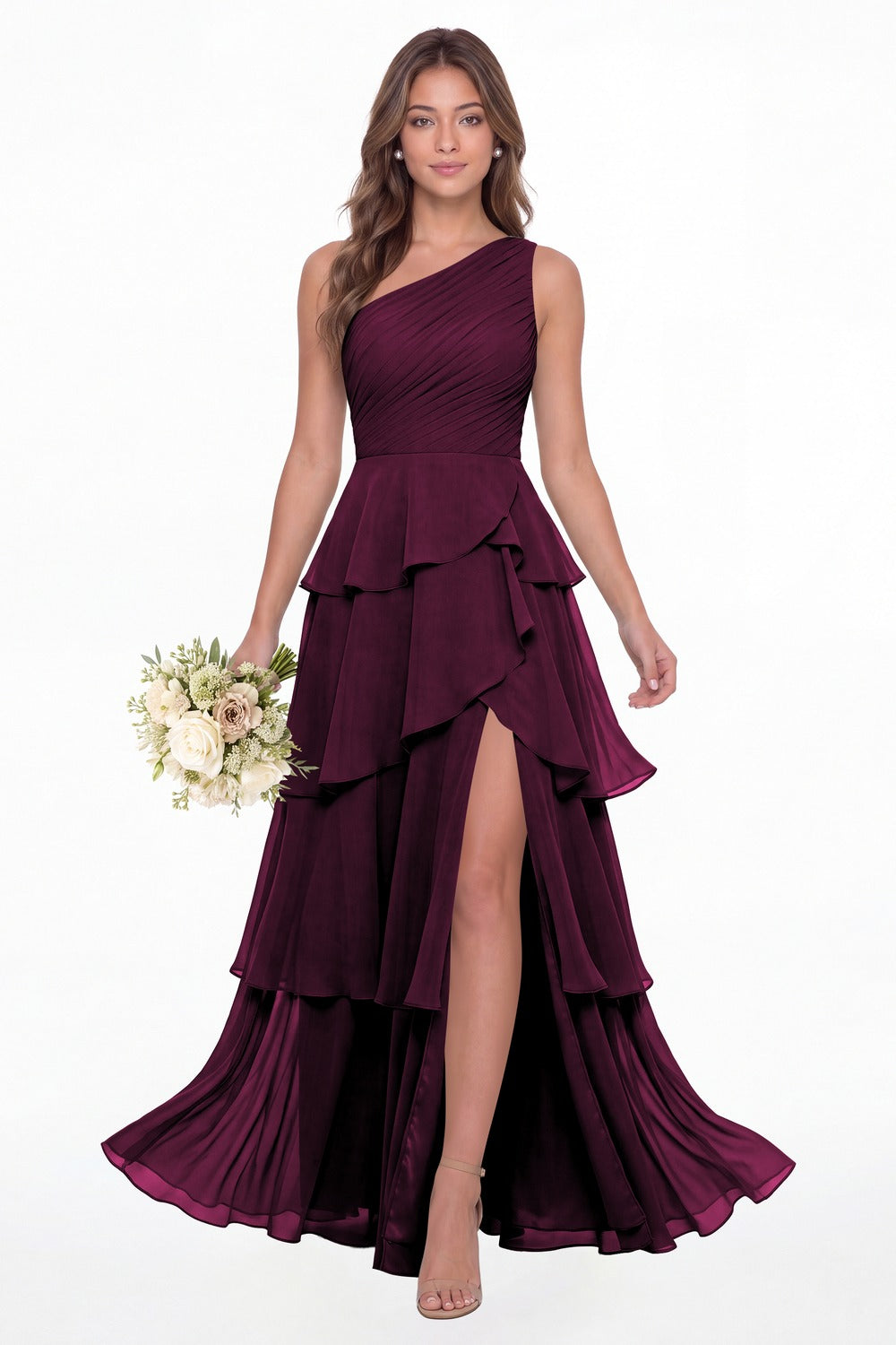 Plum One Shoulder Ruched Tiered Ruffle Chiffon Slit Maxi Gown - Front View