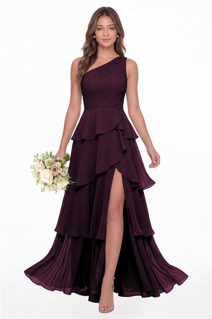 INEWER One Shoulder Ruched Tiered Ruffle Chiffon Slit Maxi Gown - PLUM Front View