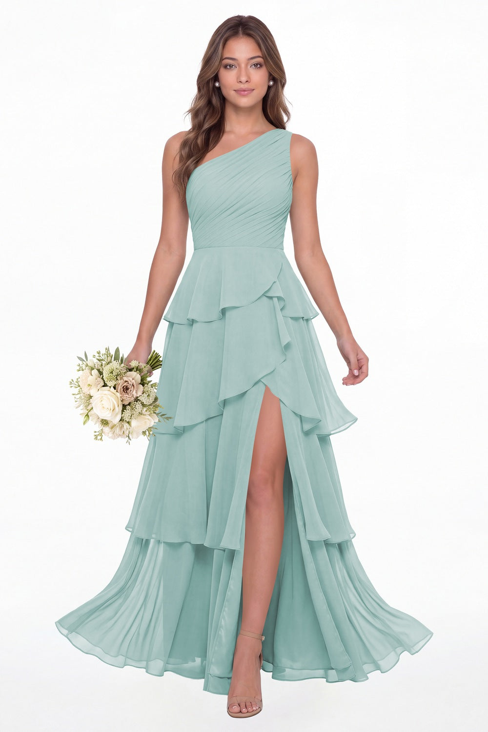Powder Blue One Shoulder Ruched Tiered Ruffle Chiffon Slit Maxi Gown - Front View