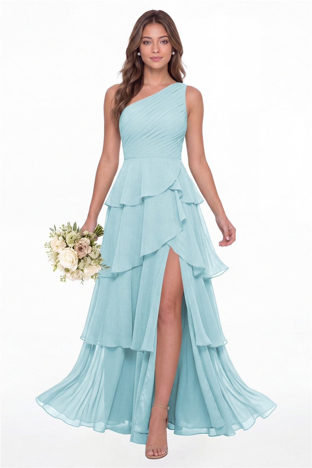 INEWER One Shoulder Ruched Tiered Ruffle Chiffon Slit Maxi Gown - POWDER BLUE Front View