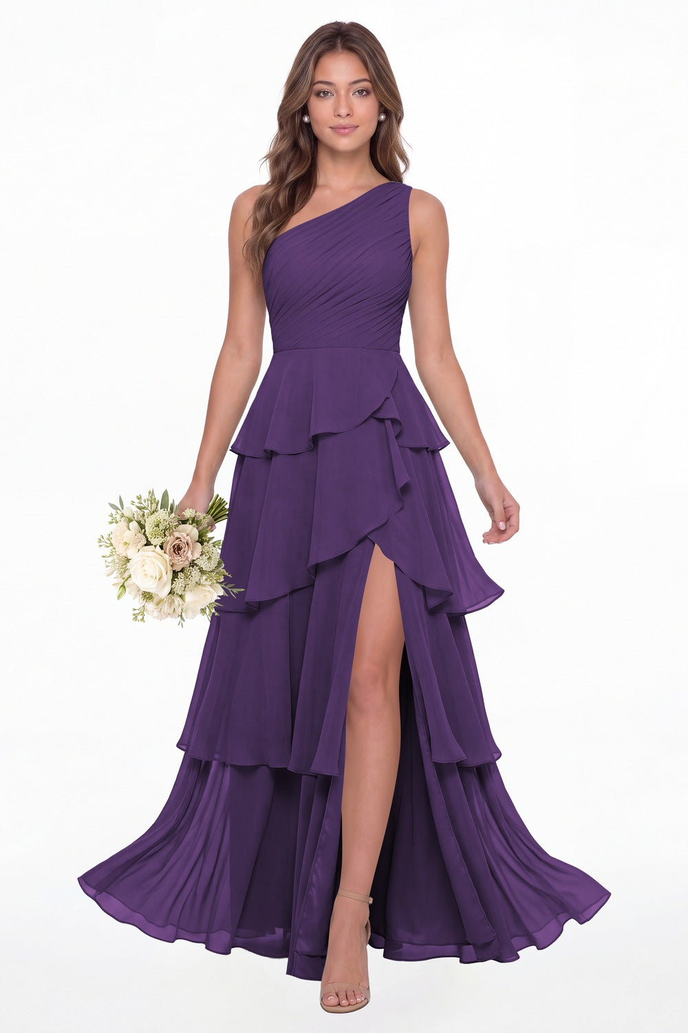 Purple One Shoulder Ruched Tiered Ruffle Chiffon Slit Maxi Gown - Front View