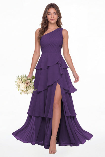 Purple One Shoulder Ruched Tiered Ruffle Chiffon Slit Maxi Gown - Front View