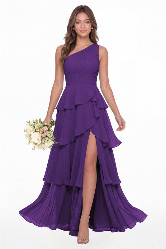 INEWER One Shoulder Ruched Tiered Ruffle Chiffon Slit Maxi Gown - PURPLE Front View