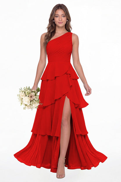 Red One Shoulder Ruched Tiered Ruffle Chiffon Slit Maxi Gown - Front View