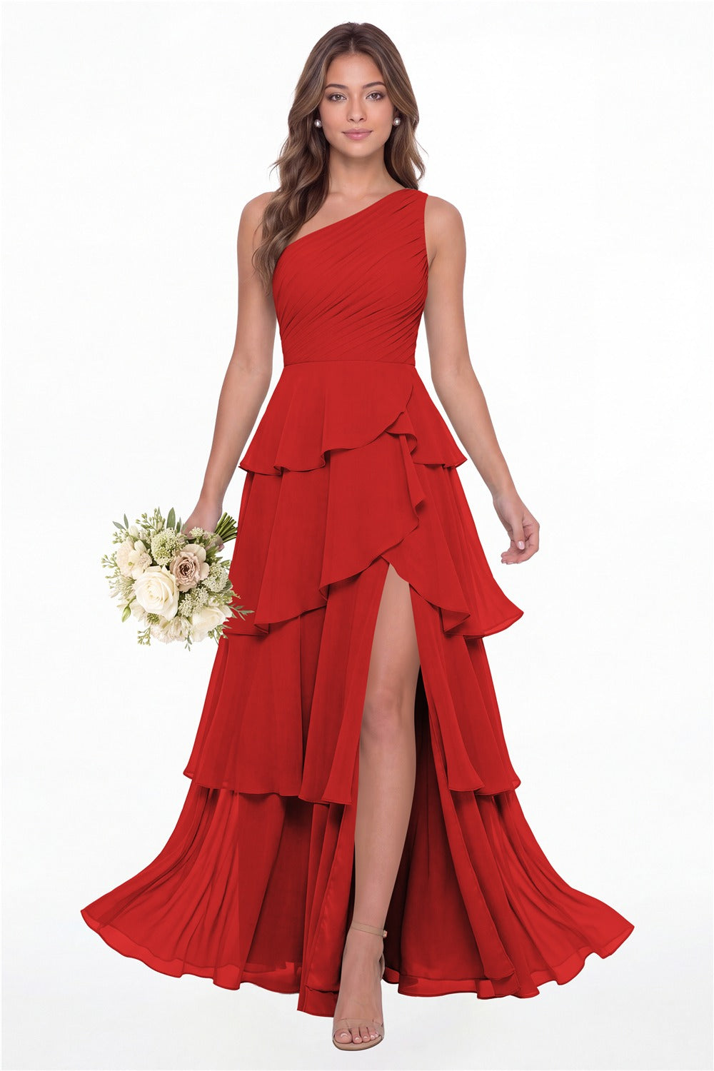 INEWER One Shoulder Ruched Tiered Ruffle Chiffon Slit Maxi Gown - RED Front View