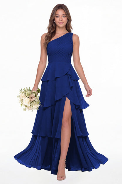 Royal Blue One Shoulder Ruched Tiered Ruffle Chiffon Slit Maxi Gown - Front View