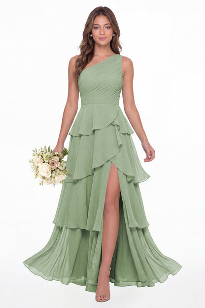 Sage Green One Shoulder Ruched Tiered Ruffle Chiffon Slit Maxi Gown - Front View