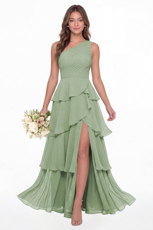 Sage Green One Shoulder Ruched Tiered Ruffle Chiffon Slit Maxi Gown - Front View