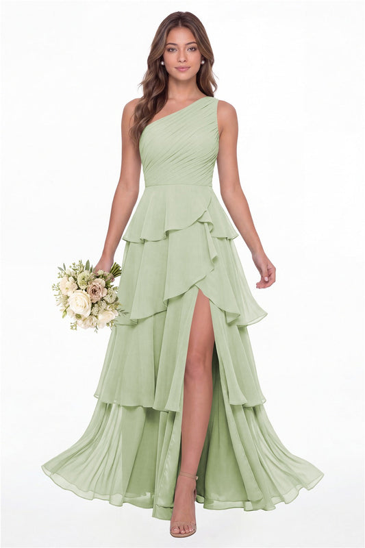 INEWER One Shoulder Ruched Tiered Ruffle Chiffon Slit Maxi Gown - SAGE GREEN Front View